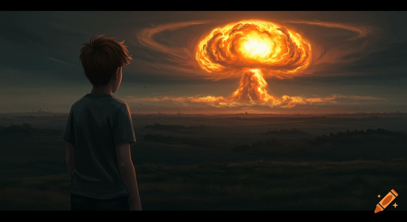 A boy watches a mushroom cloud explosion in the distance at dusk.