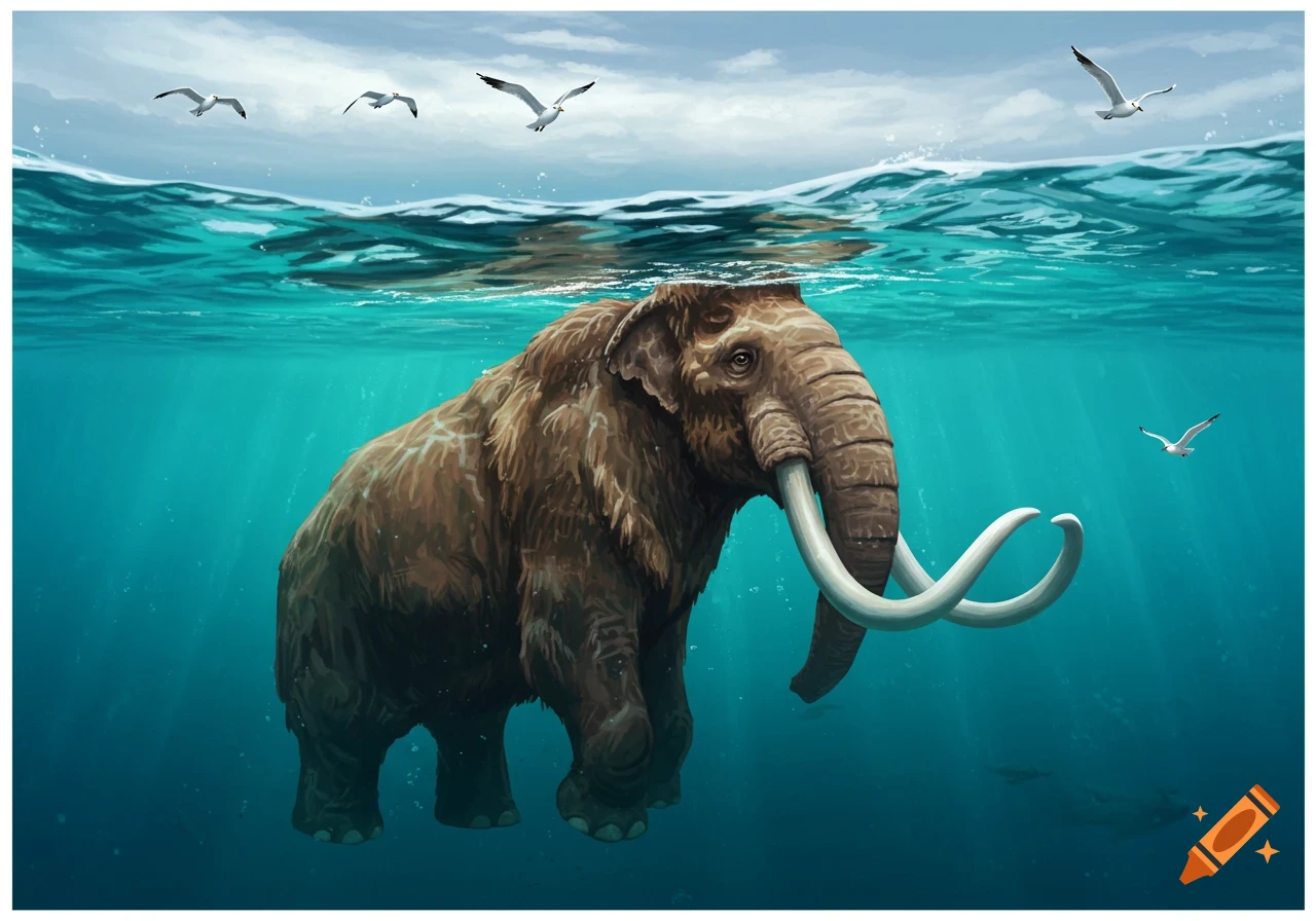A woolly mammoth swims underwater, with seagulls flying above the surface and sunlight rays visible below.