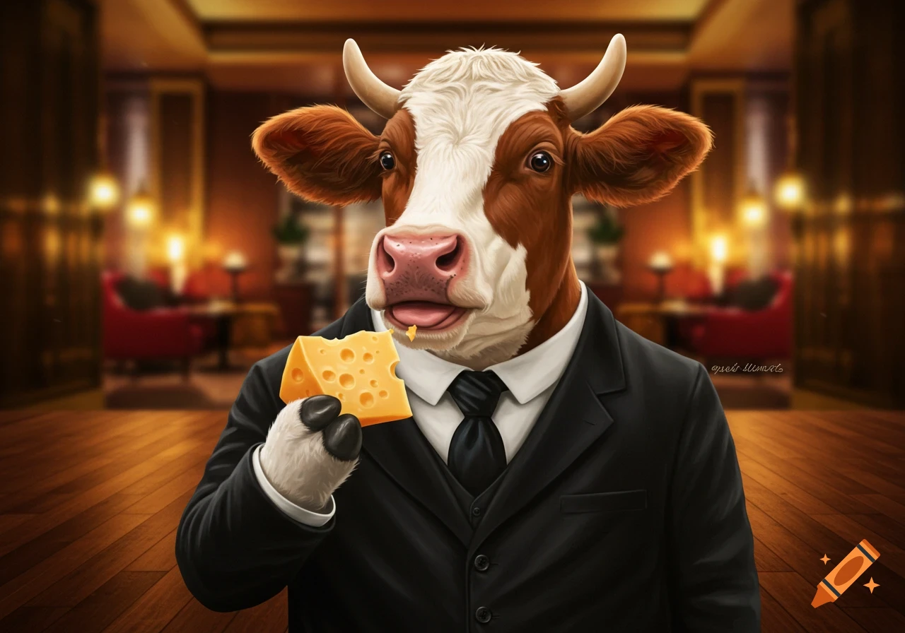 An anthropomorphic cow in a suit holds a piece of cheese in a restaurant.