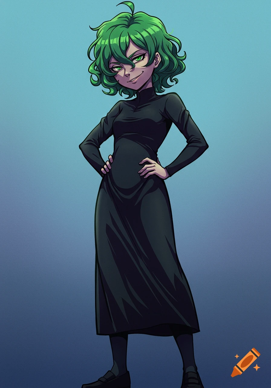 Anime girl with green hair and eyes in a black dress, standing against a blue background