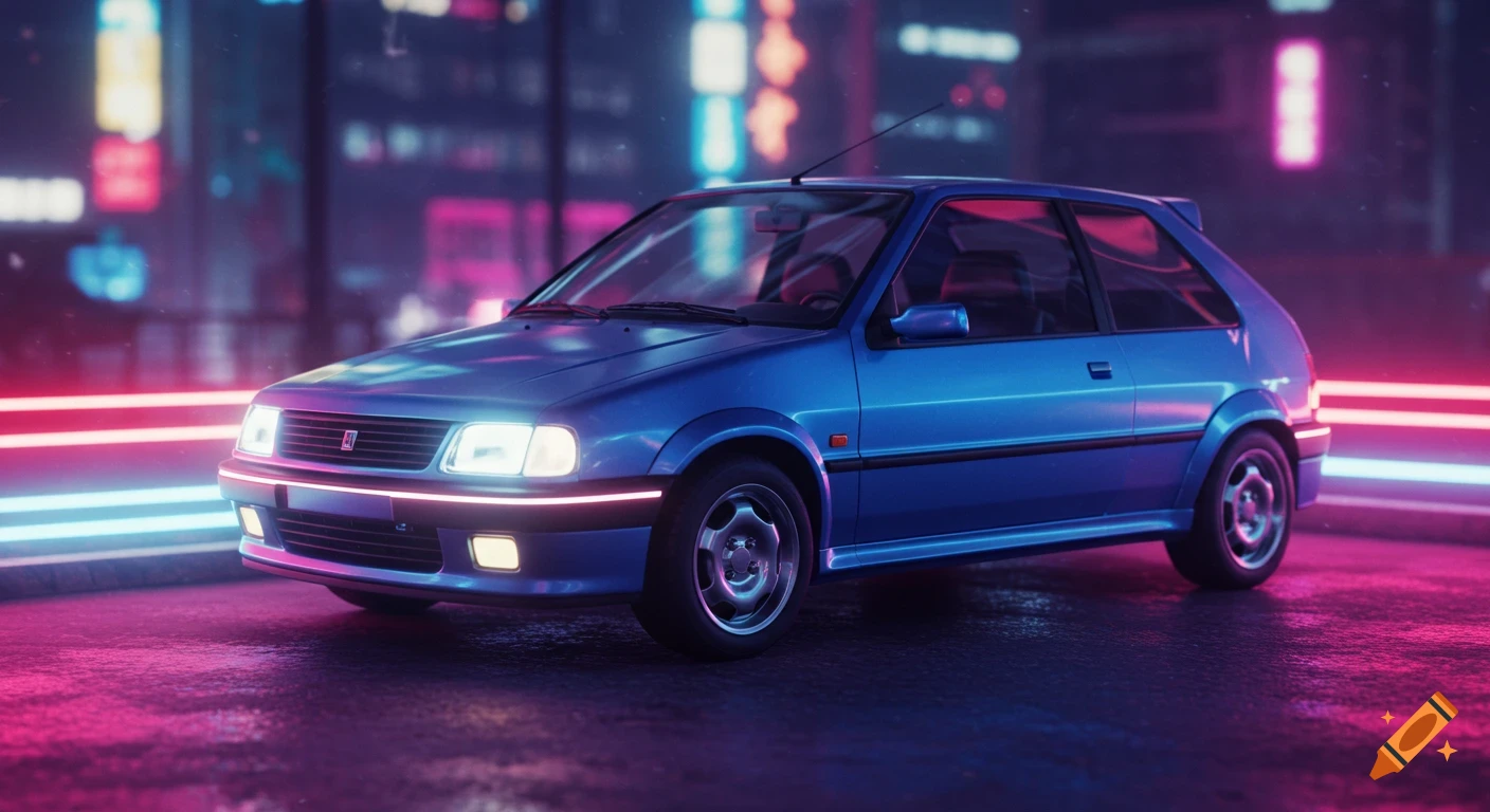 A blue car in a futuristic cyberpunk city with neon lights reflecting on the wet ground.
