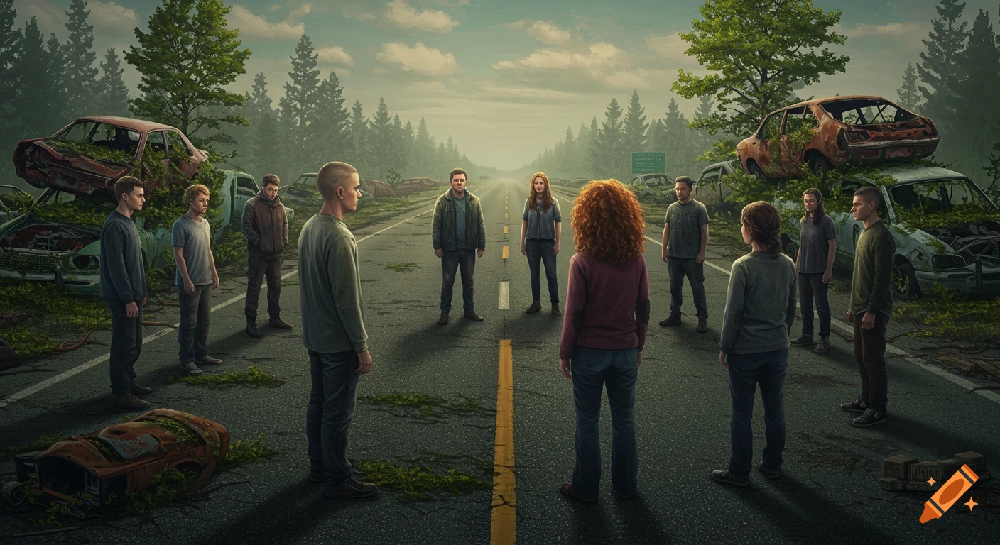 A group of people are gathered on an abandoned highway surrounded by overgrown, rusty cars and trees.