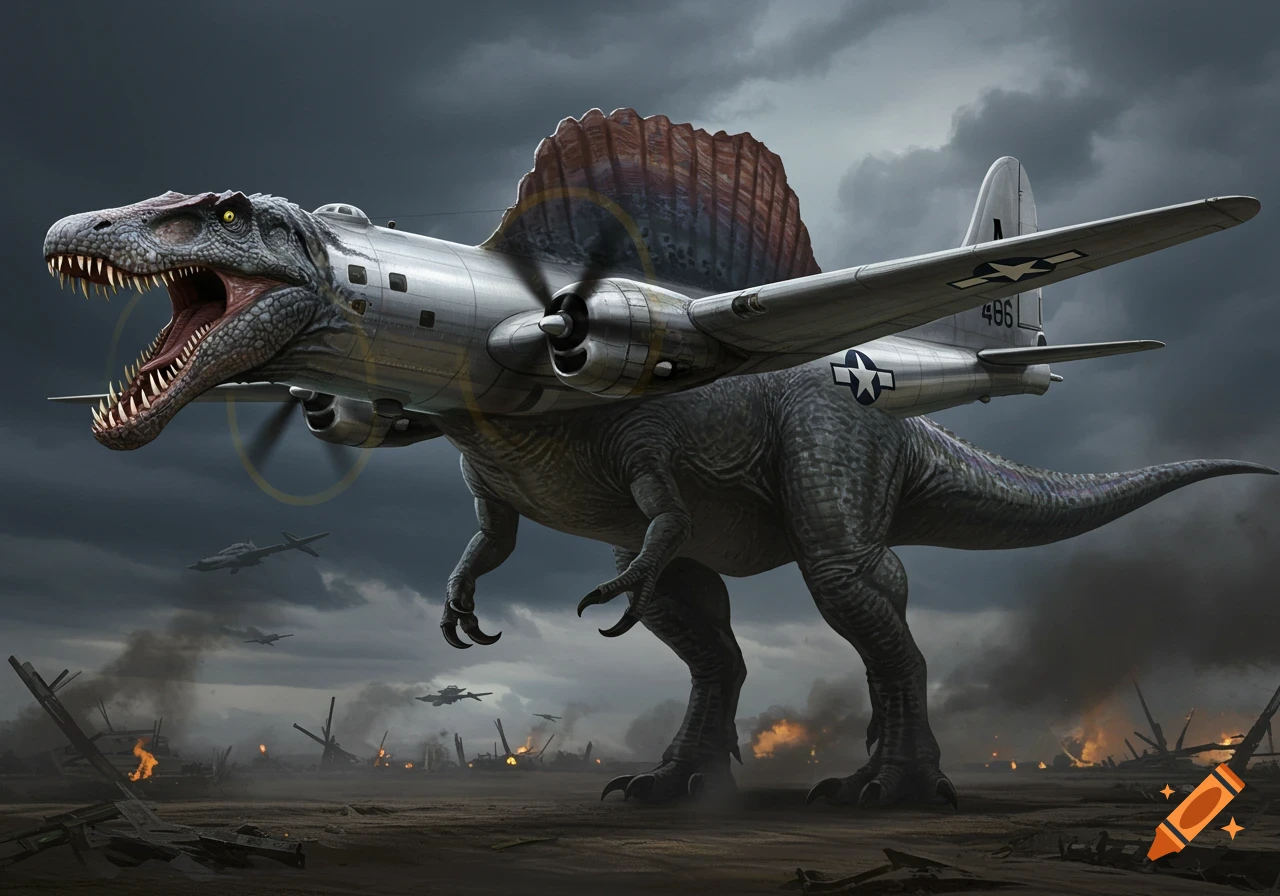 A Spinosaurus with the wings and engines of a B-29 bomber attached, walking through a warzone with explosions.