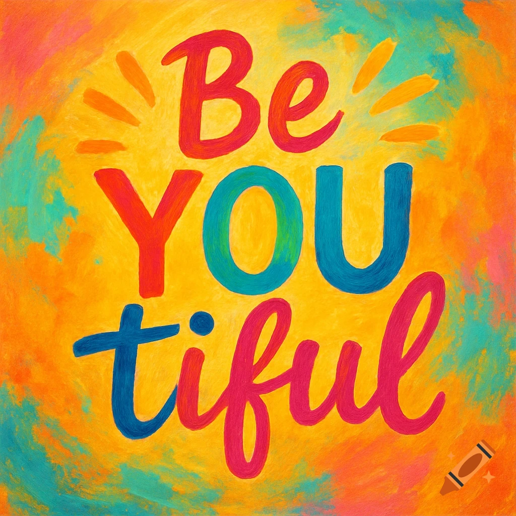 Colorful text reads 'Be YOU tiful' on a vibrant painted background.