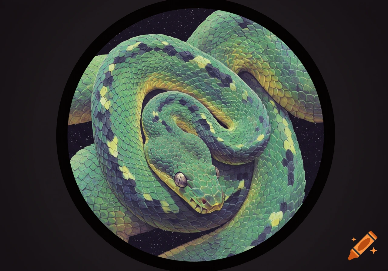A coiled green snake with yellow and dark markings inside a circle against a starry background.