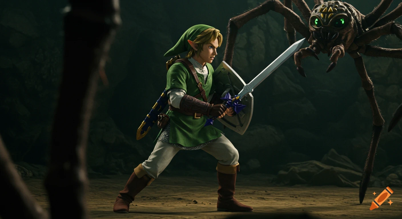 Link fighting a giant spider in a dark cavern, cinematic style.