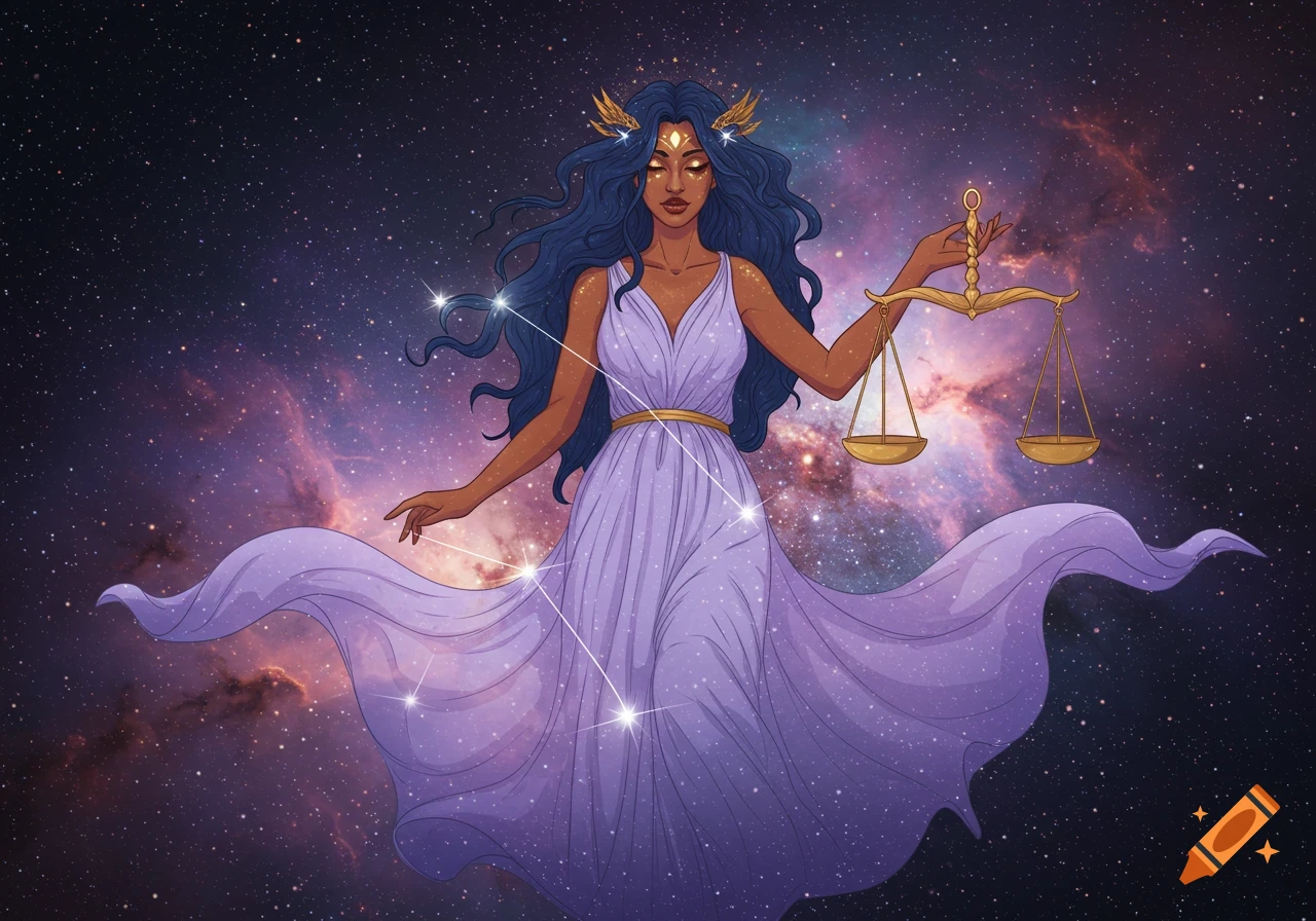 A woman representing Libra holding scales against a starry space background.