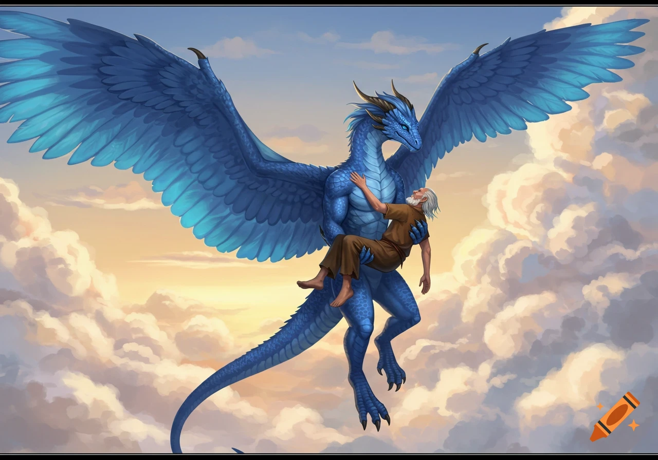 A blue dragon flies through clouds carrying an old man.