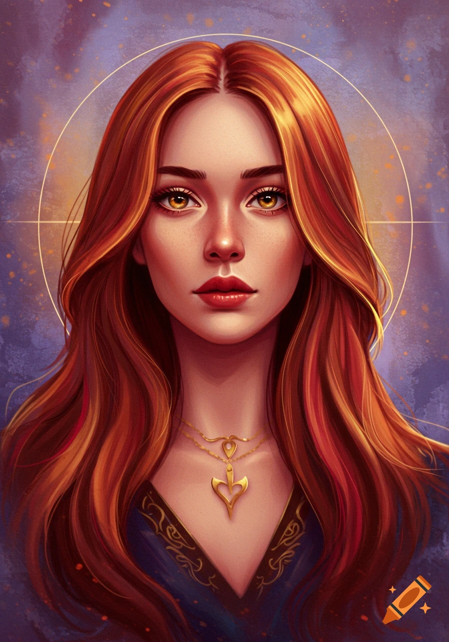 Portrait of a fantasy woman with long red hair, orange eyes, and a halo
