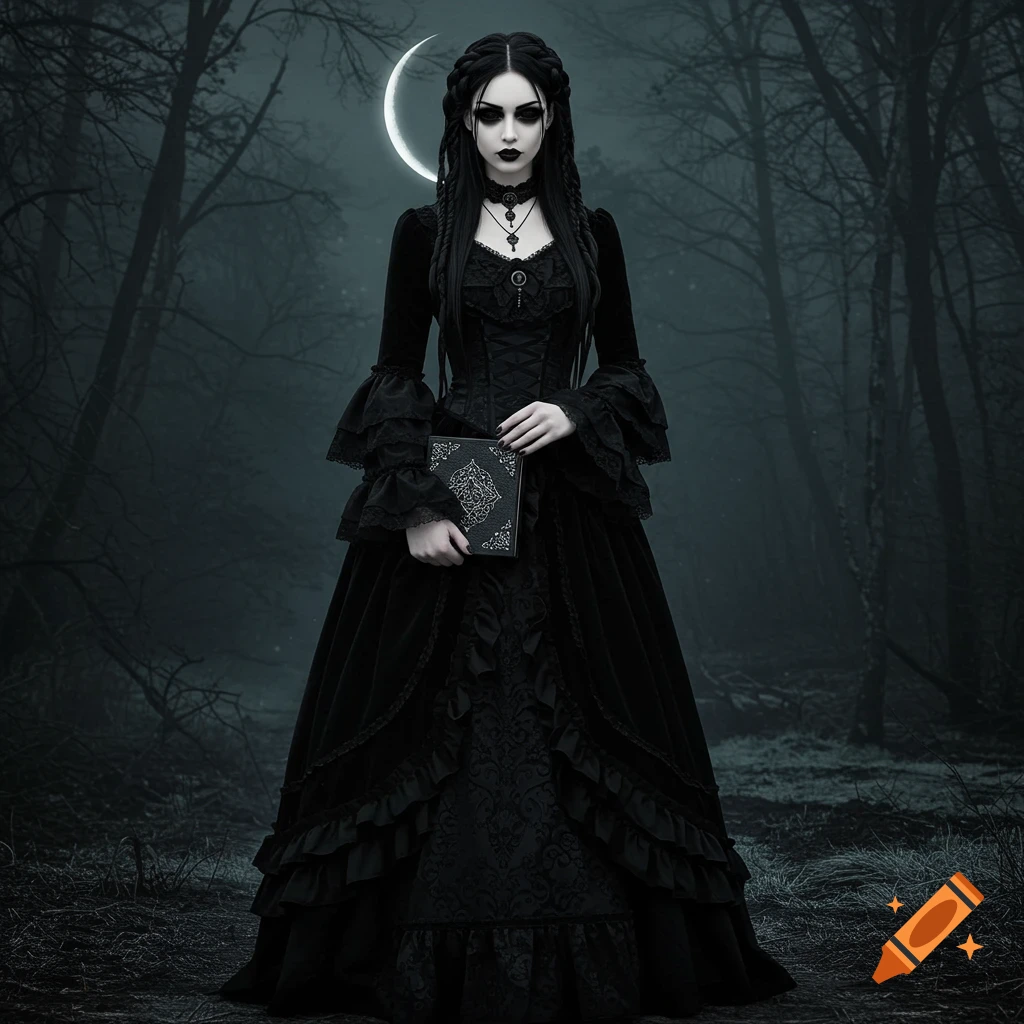 A gothic girl holding a book in a dark forest under a crescent moon.