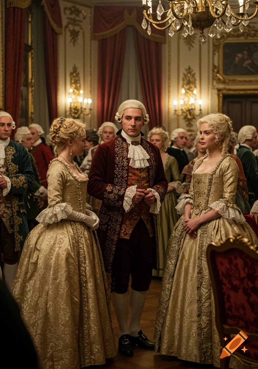 People in 18th-century clothing gather in a grand hall.
