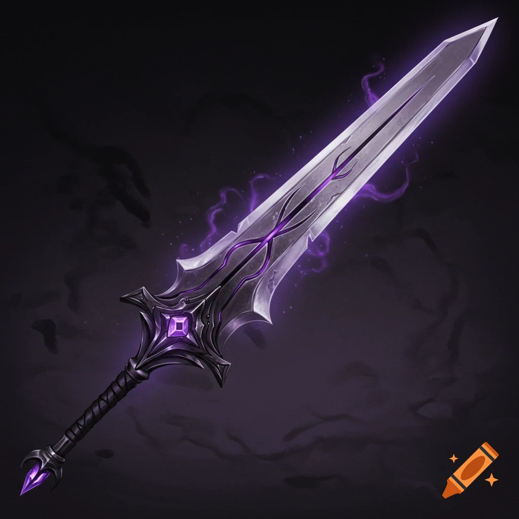 A fantasy sword with a grey blade, purple glowing runes, and a black hilt with a purple crystal, emanating a purple aura.
