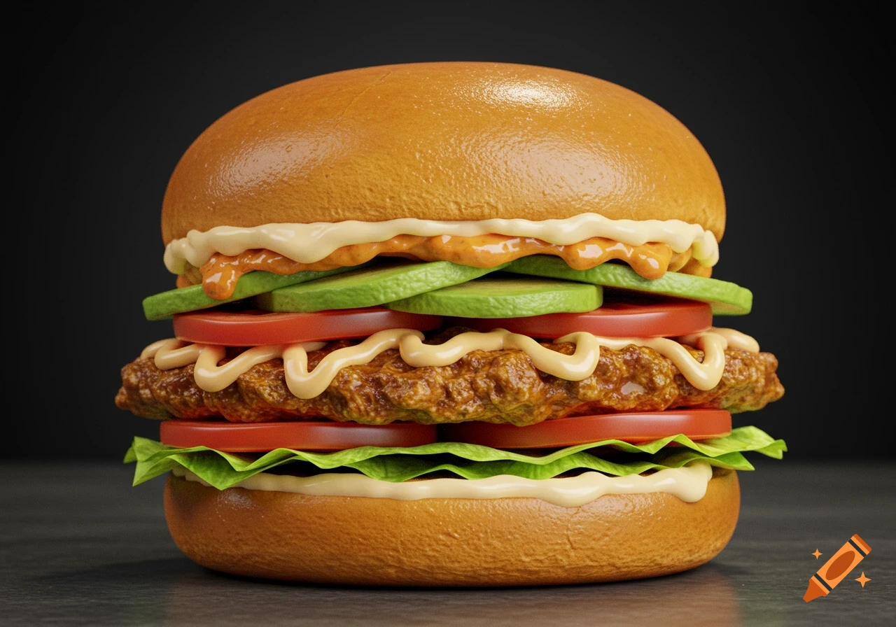 A detailed, close-up shot of a tall burger with lettuce, tomato, saucy patty, avocado, and two types of sauce.