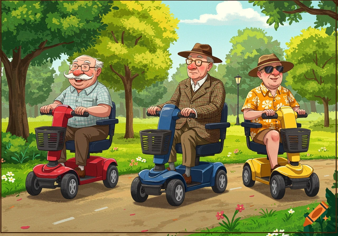 Three old men riding red, blue, and yellow mobility scooters in a park.