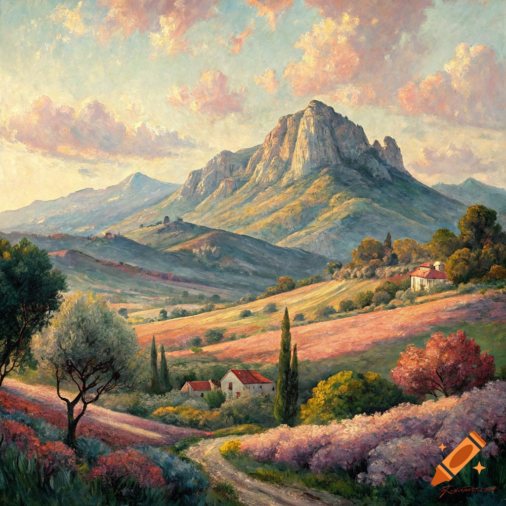 Impressionistic painting of a sunny mountain landscape with fields, trees, houses, and a road.