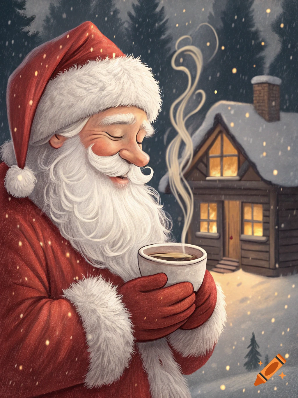 Santa Claus holds a steaming mug in a snowy scene with a cabin in the background.