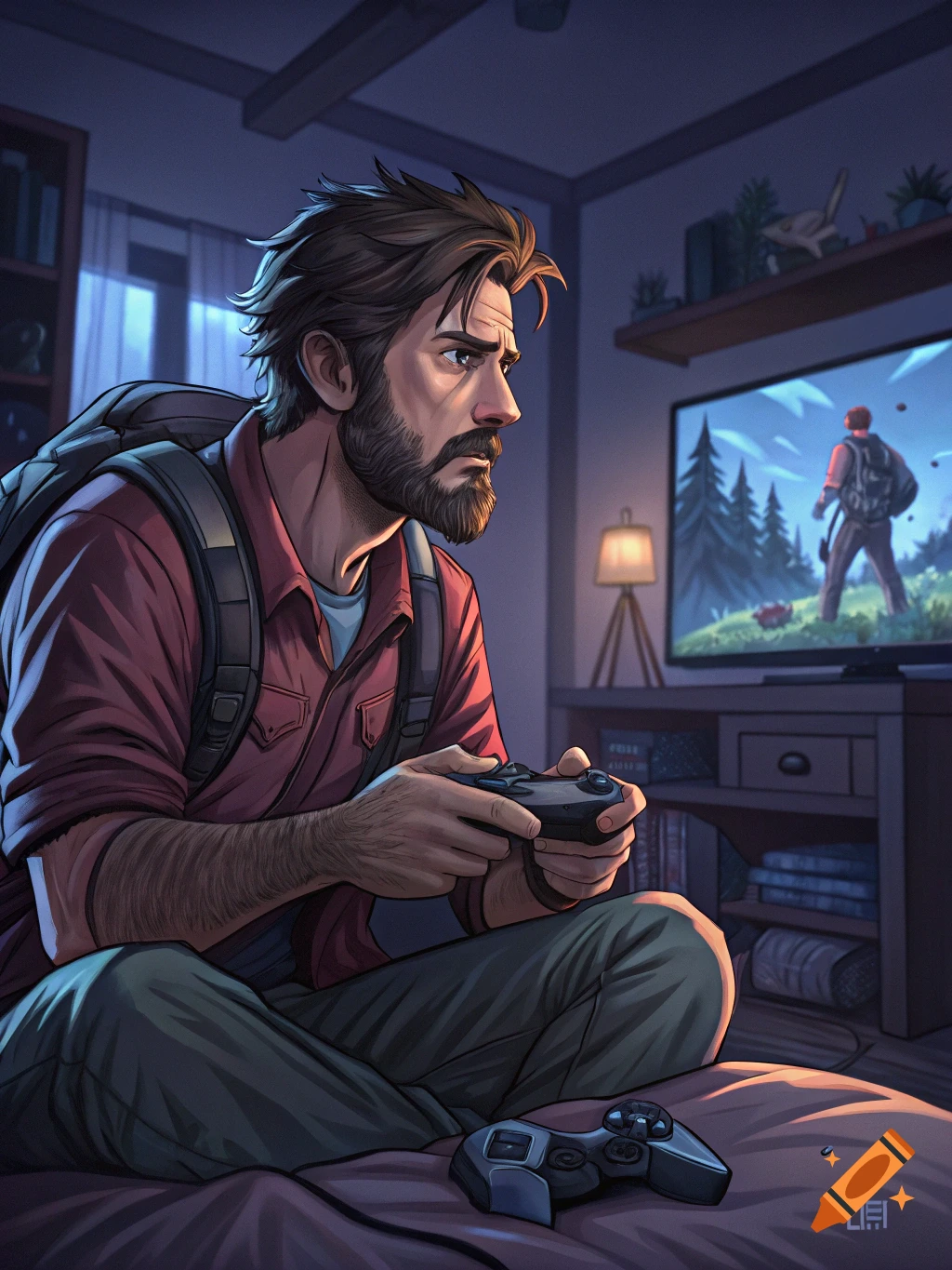 A man resembling Joel from The Last of Us plays a video game on a TV in a dimly lit room.