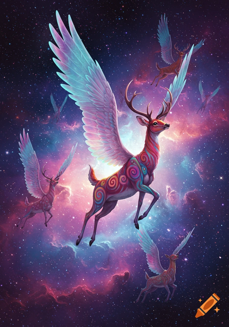 Winged deer flying through a colorful galaxy