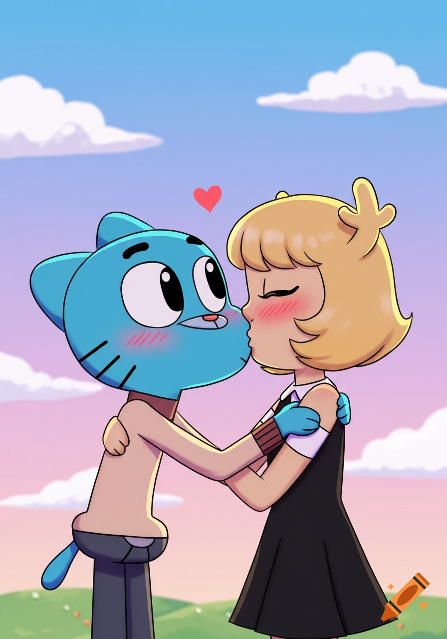 Cartoon fan art of Gumball and Penny kissing under a heart