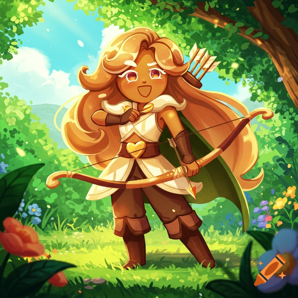 Caramel Arrow Cookie from Cookie Run Kingdom holding a bow in a forest. Digital illustration.