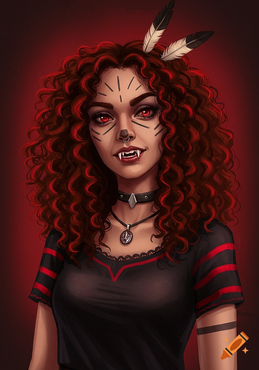 A fantasy woman with red eyes, fangs, face paint, feathers, and curly red hair.