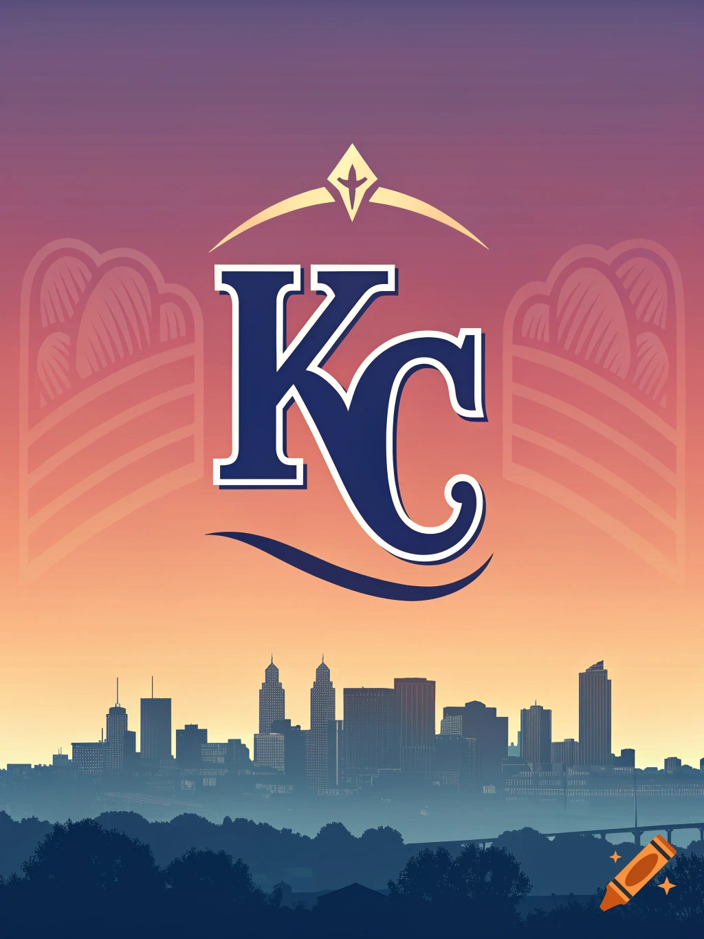 A logo with the letters KC centered above a silhouette of a city skyline against an orange and purple sunset sky.