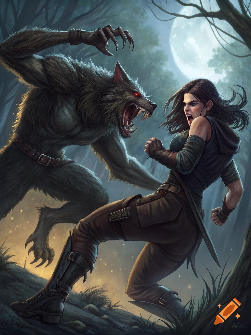 A woman fights a werewolf in a dark forest under a full moon.