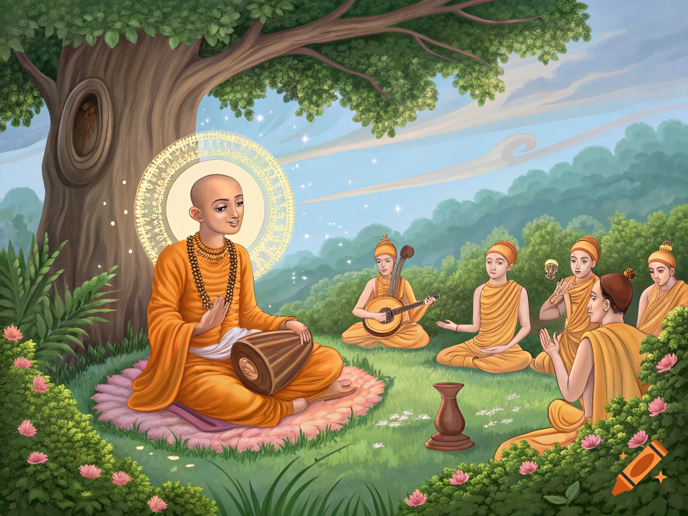 Monks or saints meditating and playing music under a tree in a forest clearing, digital art.