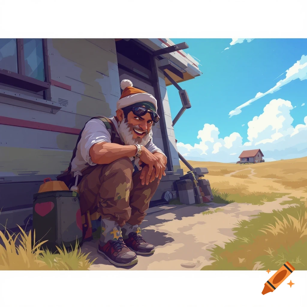 A stylized man in a hat and goggles sits outside a building in a field under a blue sky.