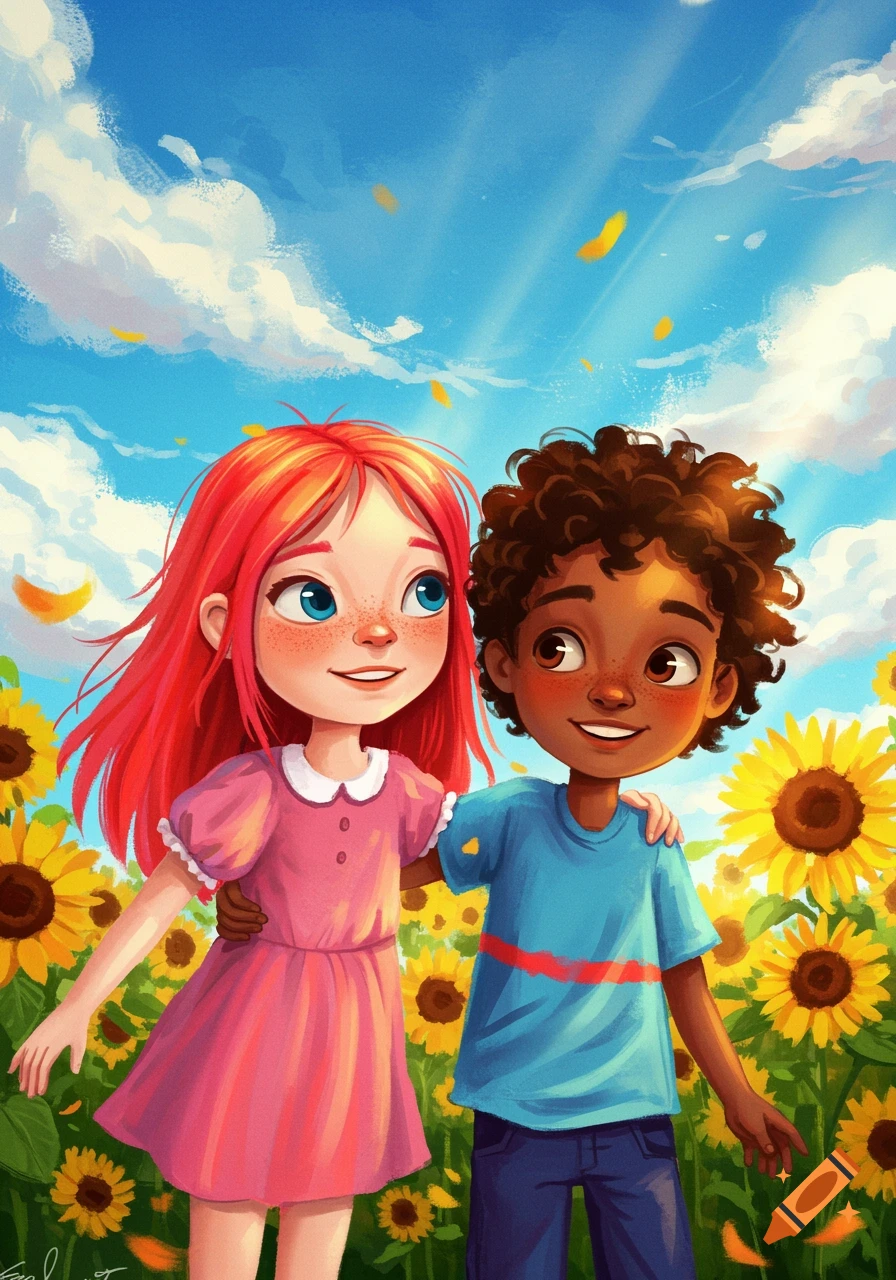 Digital illustration of two smiling kids standing in a field of sunflowers under a sunny sky.