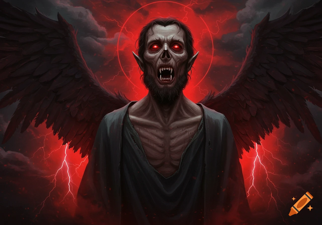 A gaunt, winged creature with red eyes and fangs stands against a red, stormy sky with lightning.