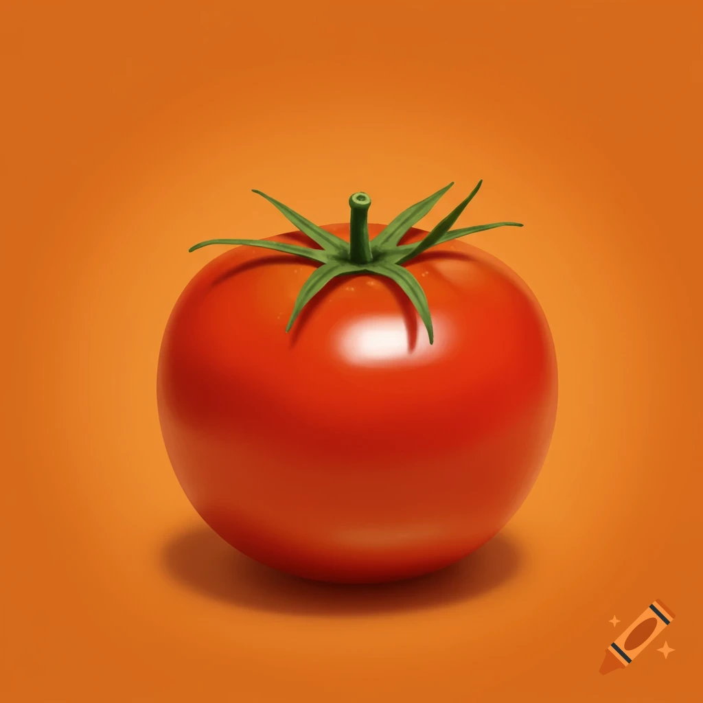 A single red tomato rests on an orange background.