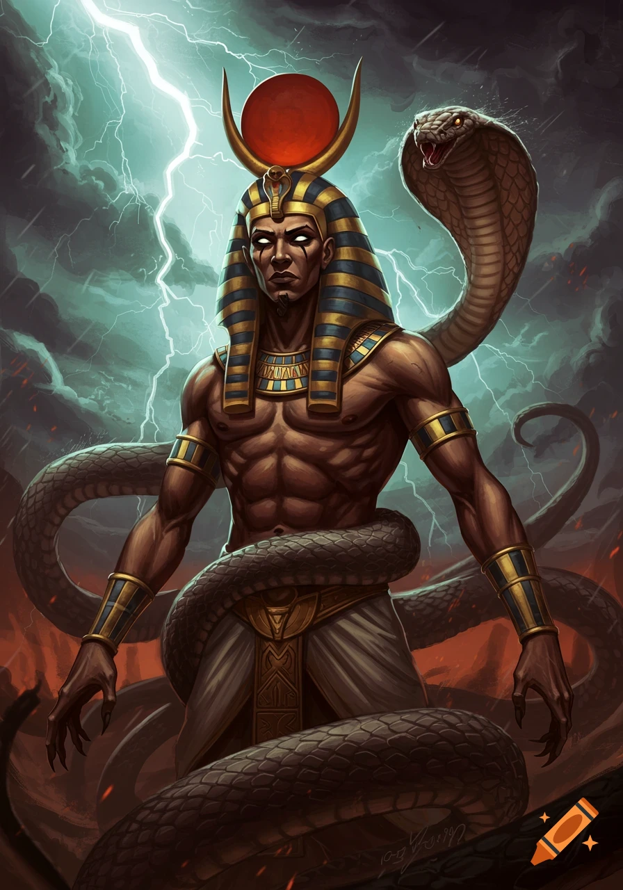 Seth, an Egyptian deity, is depicted with a cobra and a stormy background.
