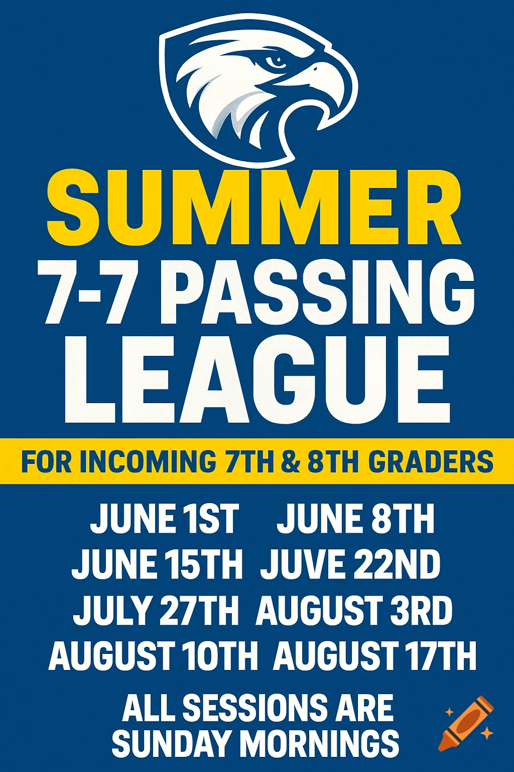 Blue and yellow graphic for Summer 7-7 Passing League with dates and an eagle logo.