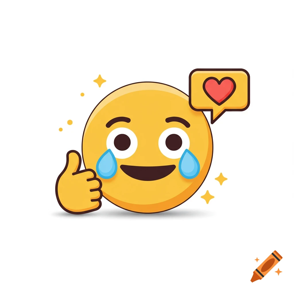 A yellow face emoji with tears of joy, a thumbs up, and a heart icon in a speech bubble.