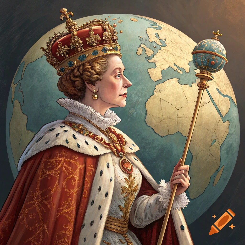 Illustration of a queen in royal regalia holding a scepter before a globe.