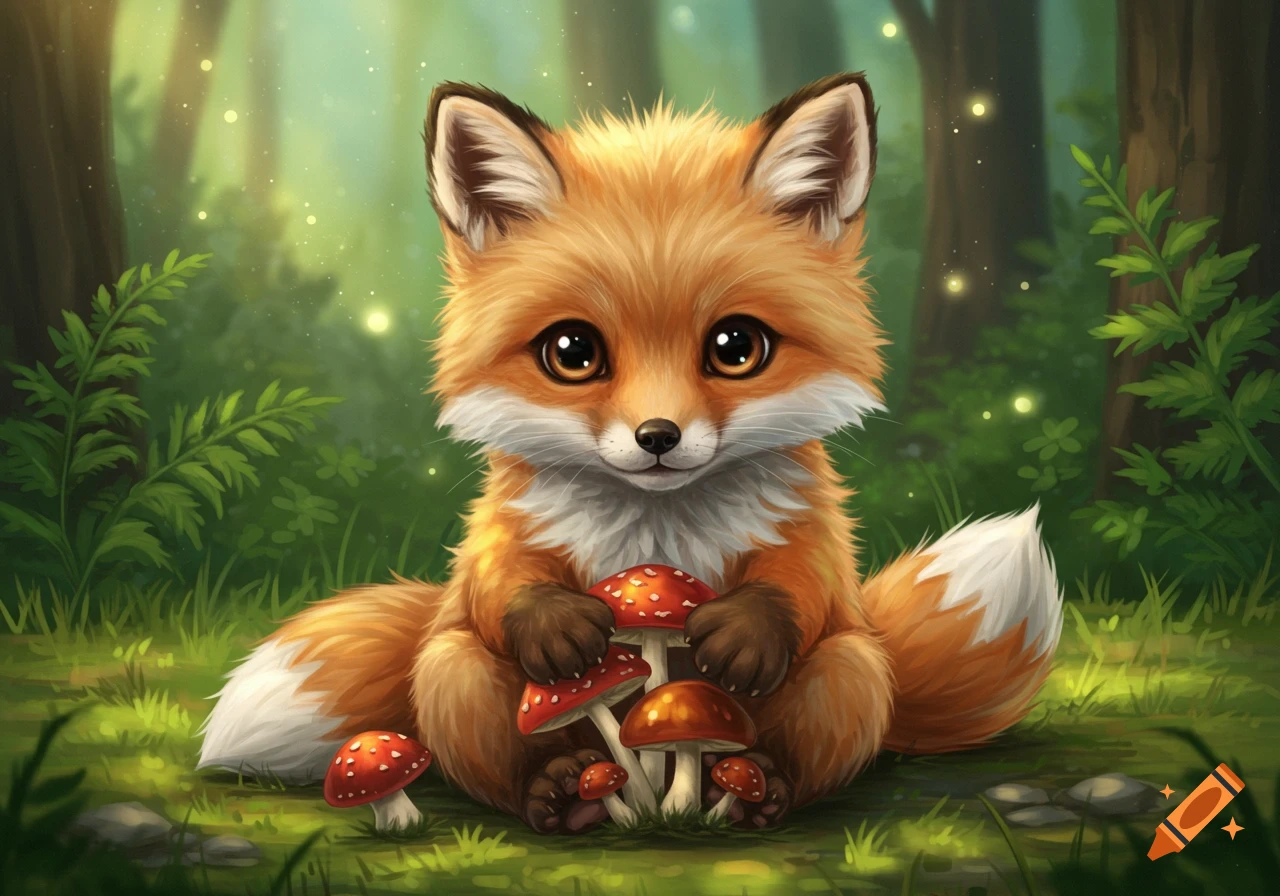 Cute baby fox holds mushrooms in a forest.