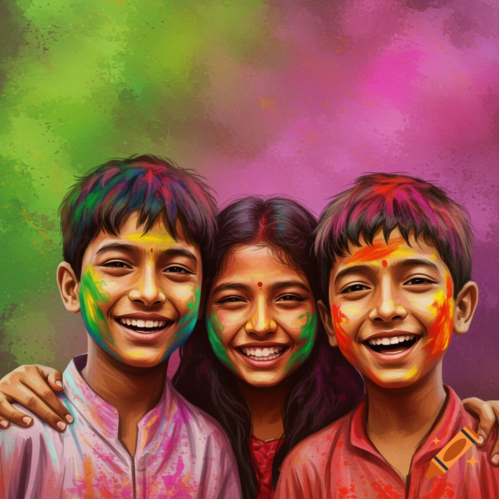 Three children smile broadly with colorful powder on their faces during the Holi festival.