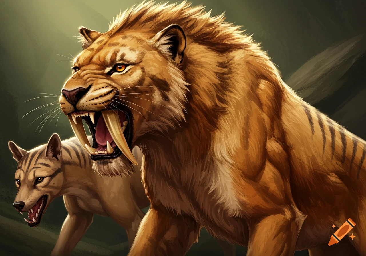 A snarling sabre-toothed cat and a thylacine.