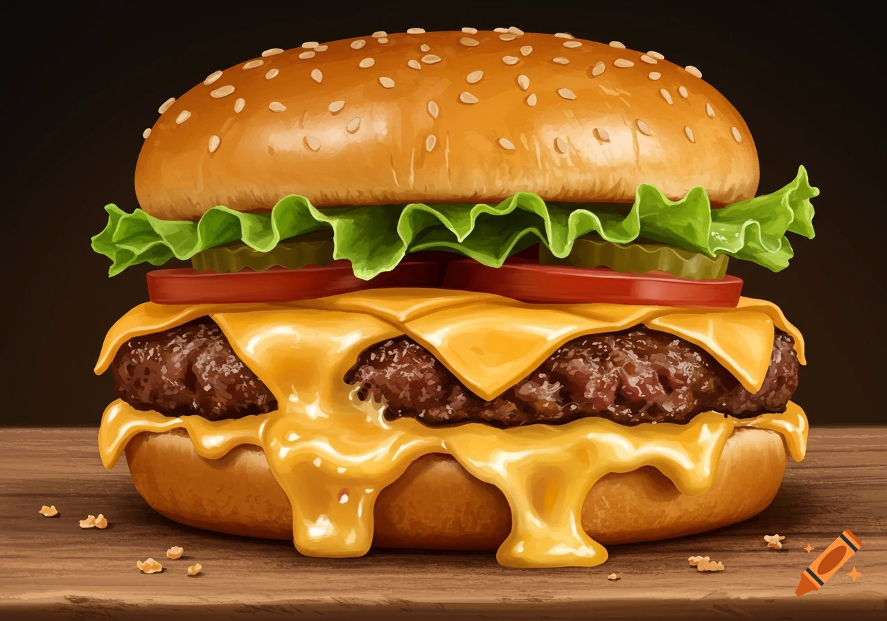 A hamburger with melting cheese, lettuce, tomato, and pickles on a wooden surface.