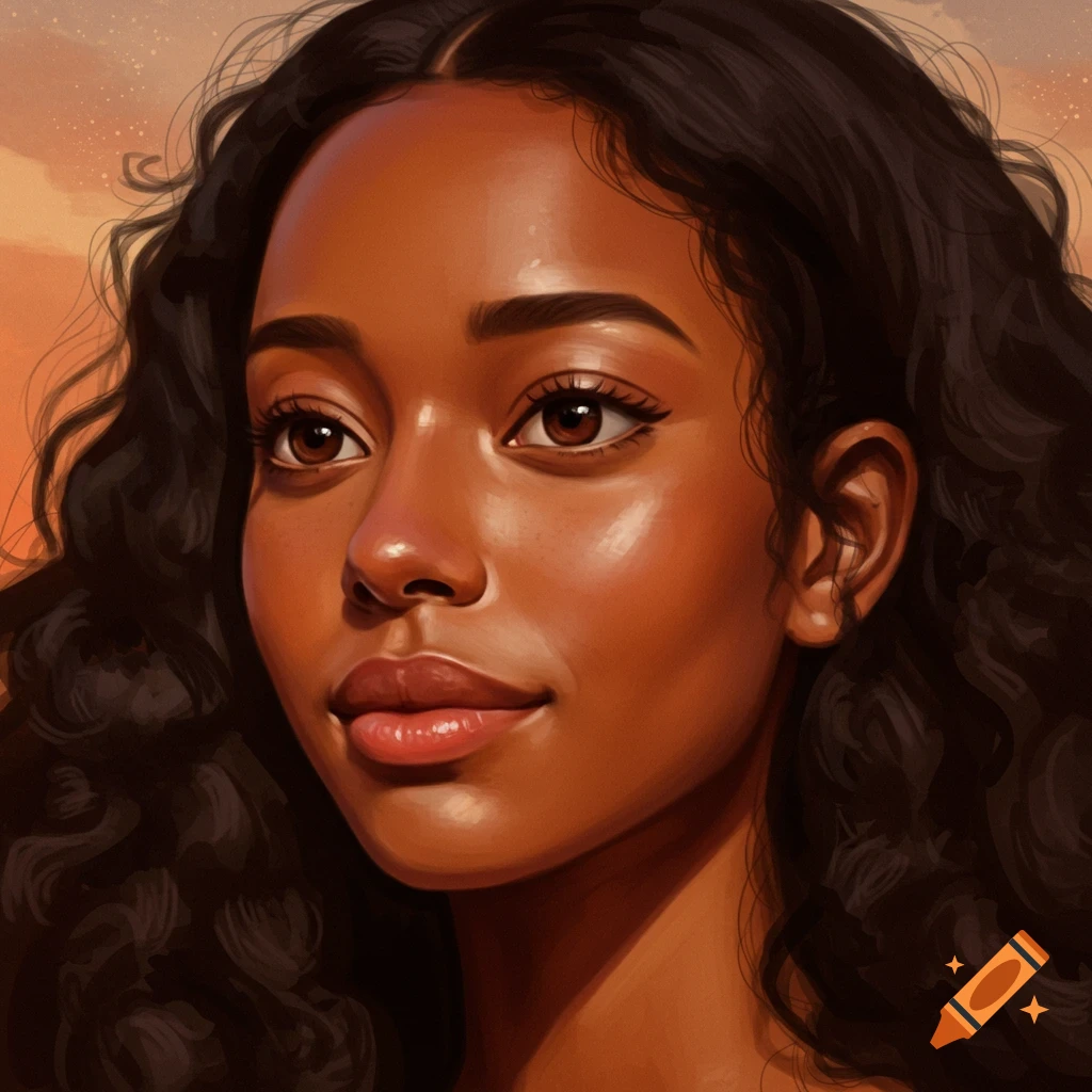 Close-up portrait of a woman with dark skin and curly hair.