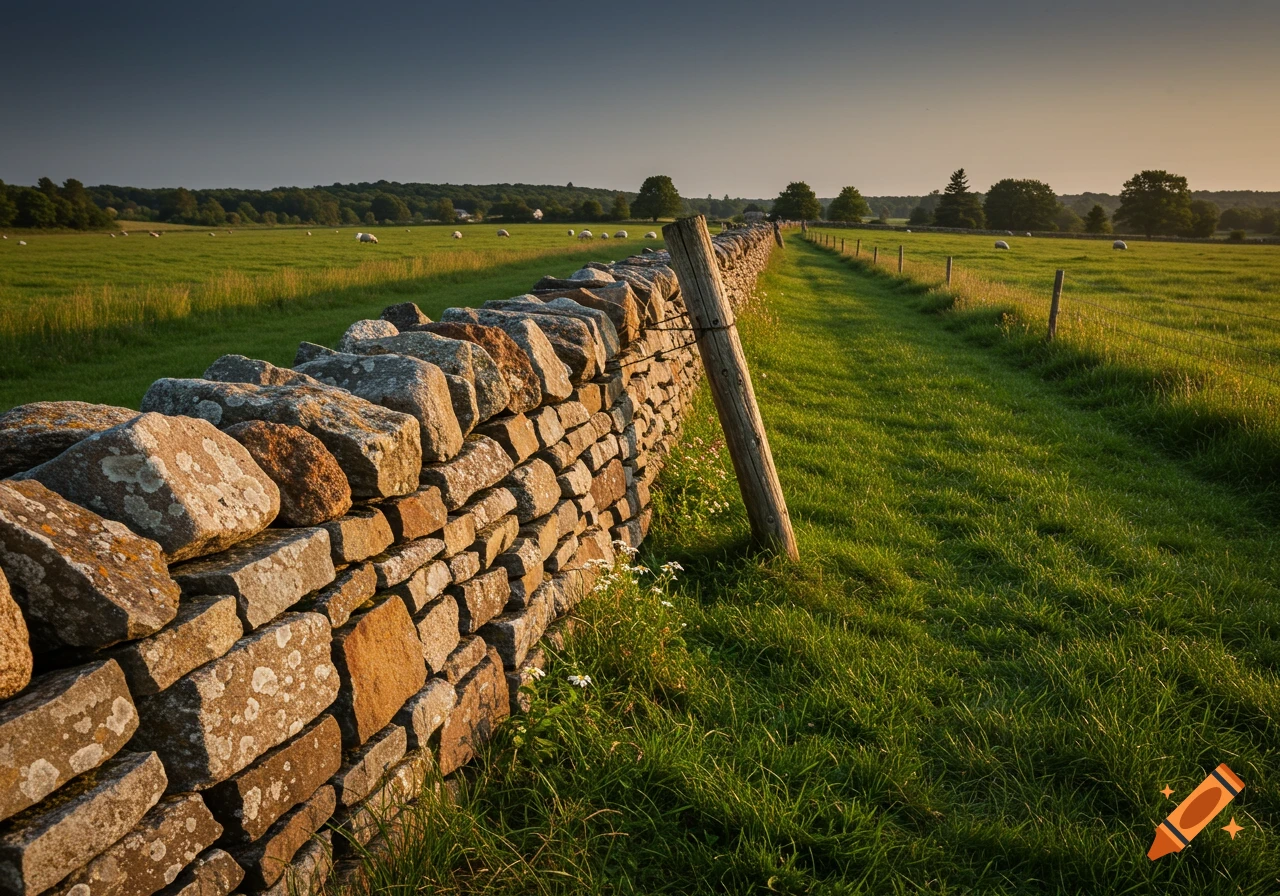 A stone wall runs along the edge of a grassy pasture with sheep in the distance during golden hour.