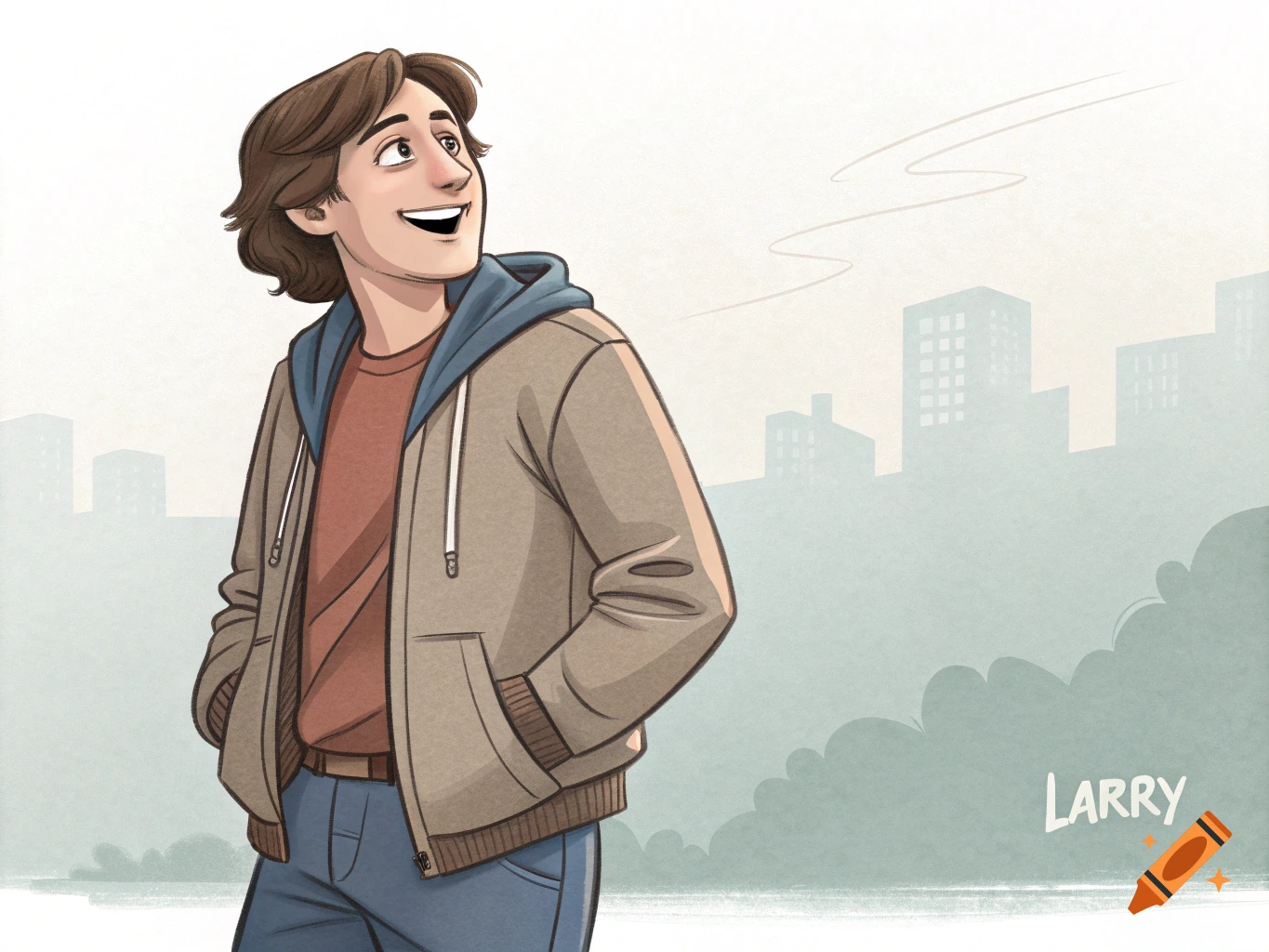 Cartoon illustration of a young man smiling against a city background