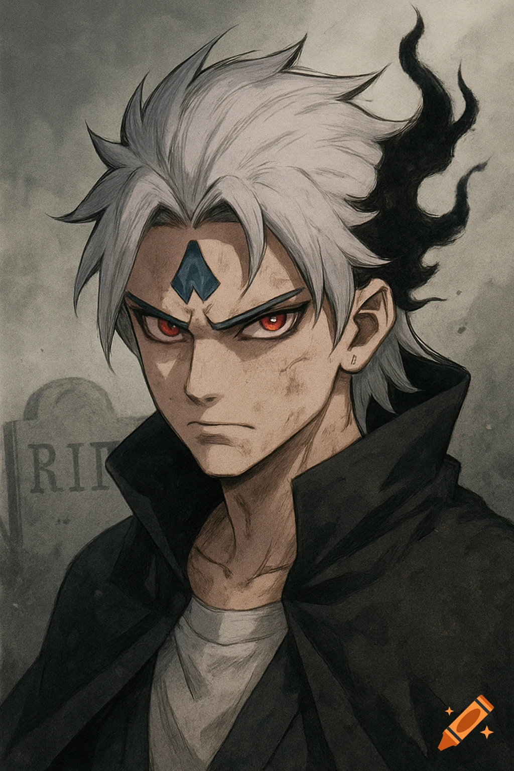 Anime character with white hair, red eyes, and black coat stands near a tombstone