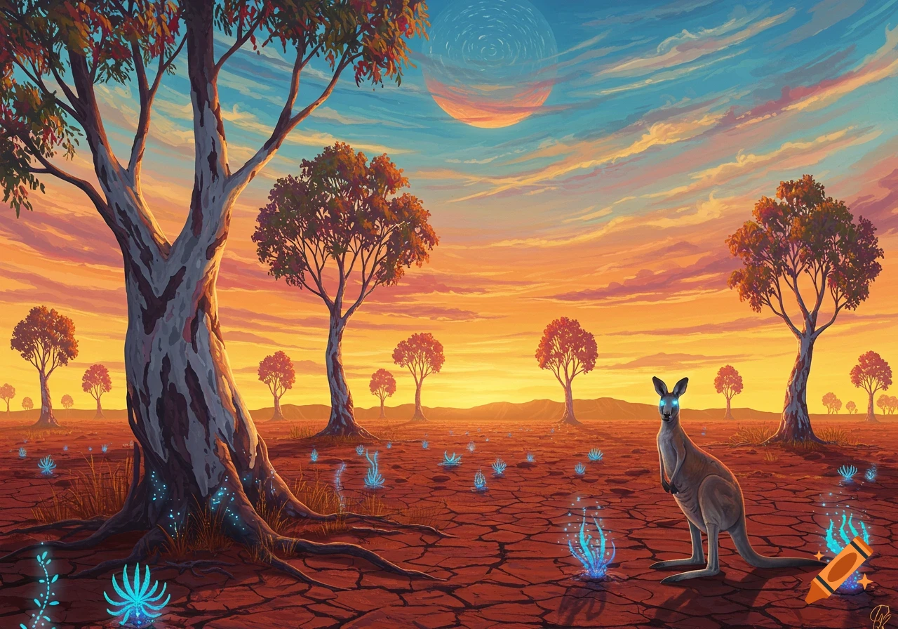 A kangaroo stands in a surreal, cracked desert landscape at sunset with glowing blue plants and stylized trees.