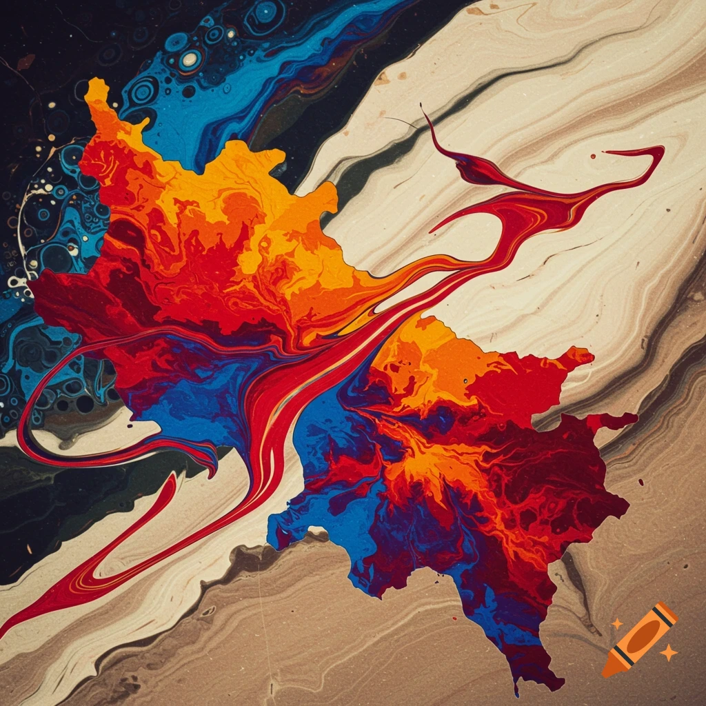 Abstract fluid art with swirling colors of red, orange, blue, and white on a textured background.