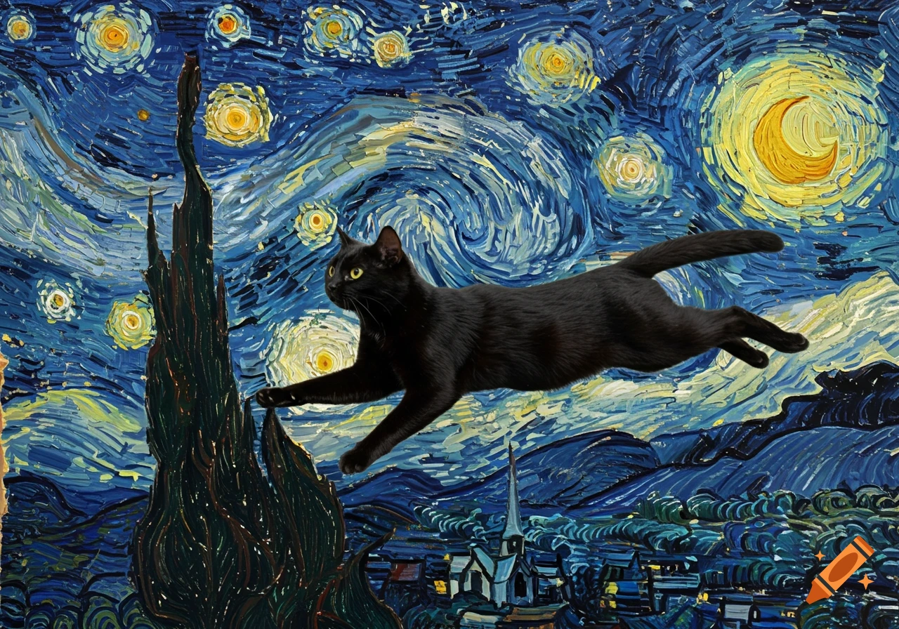 A black cat flying across a landscape in the style of Van Gogh's Starry Night painting.
