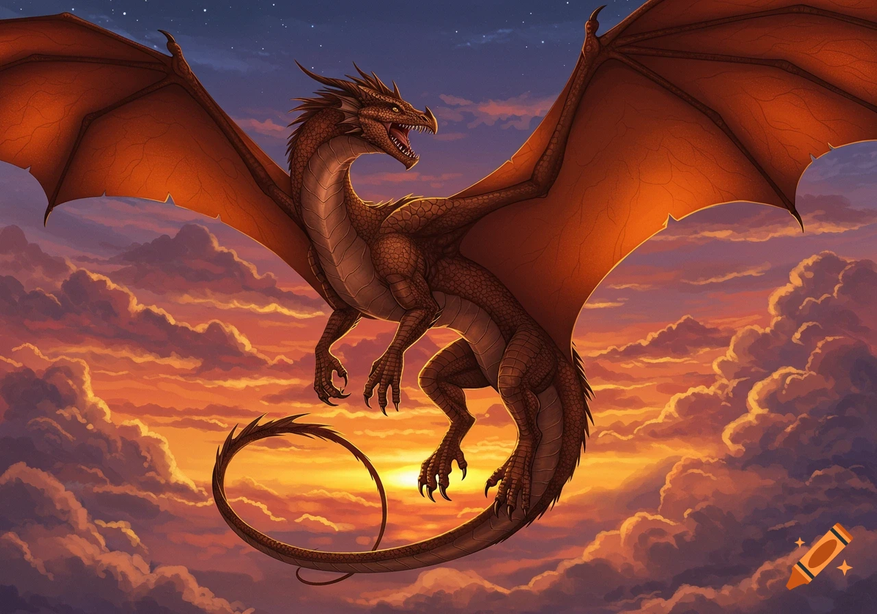 Brown dragon flying through sunset clouds.