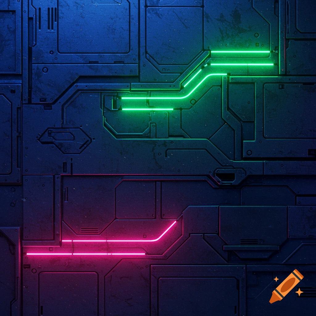 A close-up of a dark grey sci-fi wall texture with glowing green and pink neon lights tracing lines across the surface.