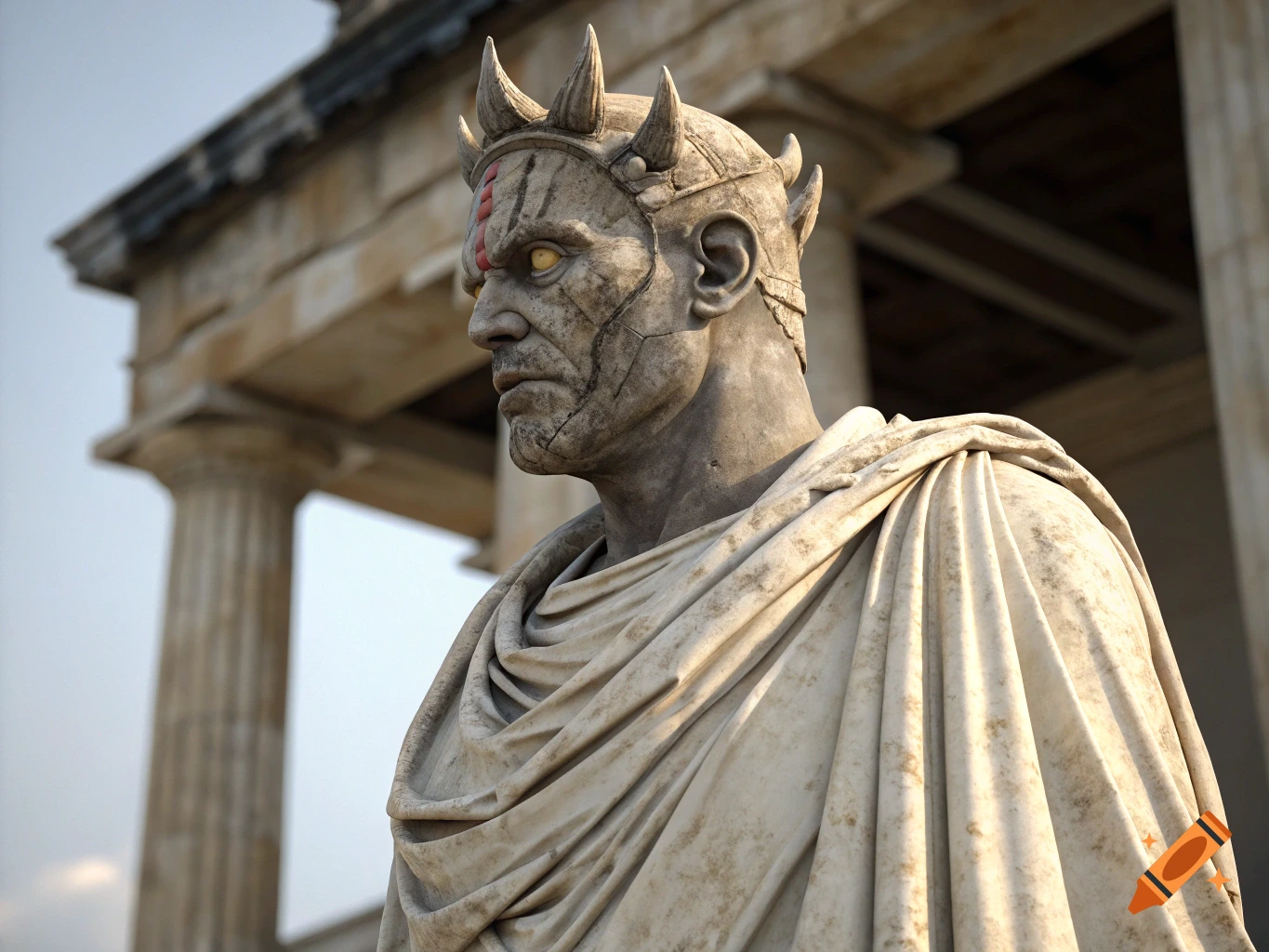 Ancient Greek marble statue of Darth Maul with horned crown and flowing robes, in front of temple ruins.